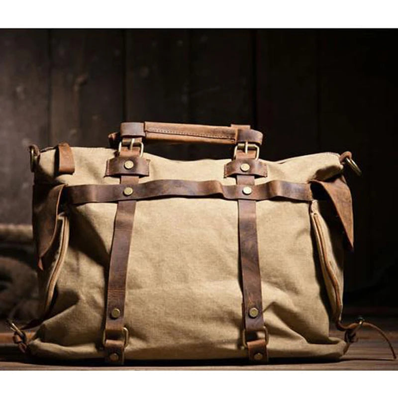 Bolsa de ombro masculina de lona militar vintage + couro genuíno, bolsa crossbody, bolsa mensageiro de lona para lazer