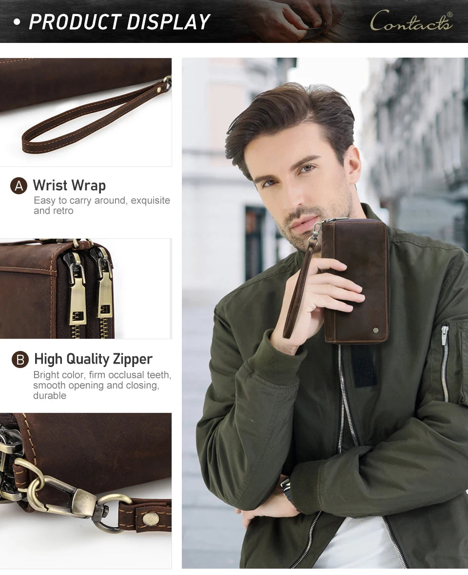 Carteira masculina de couro genuíno de contato, bolsa de mão, porta cartão, carteiras longas, zíper duplo, grande capacidade, vintage, bolsas masculinas
