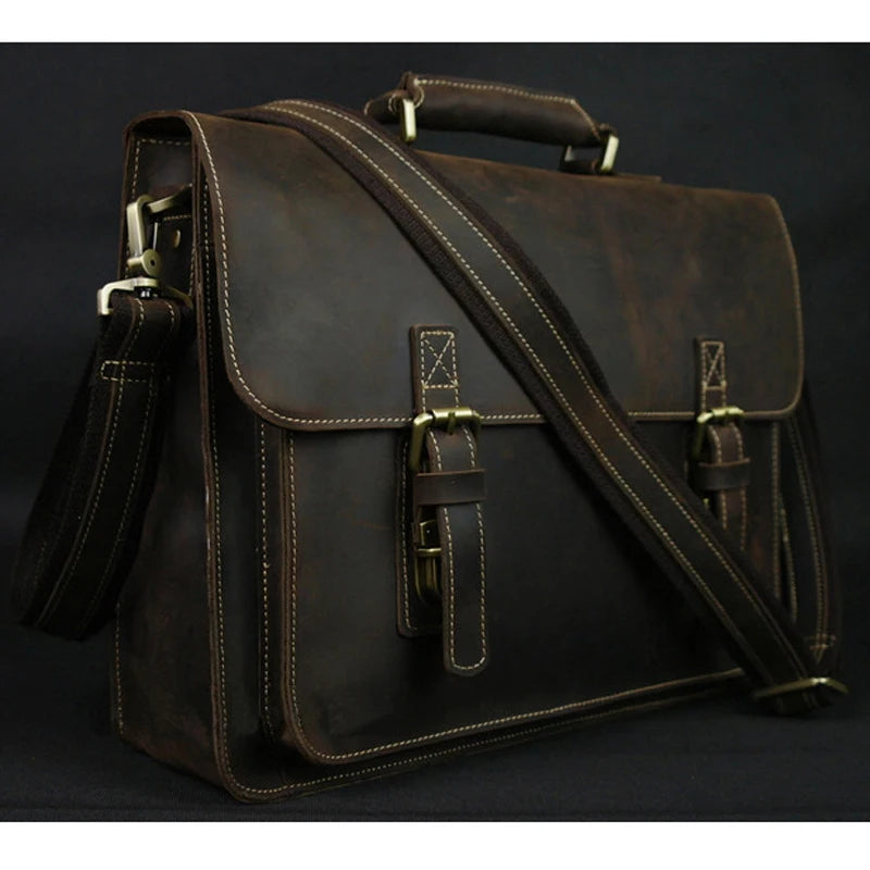 Maleta de couro genuíno para homens, vintage, cavalo louco, trabalho, negócios, ombro, bolsa de mensageiro, bolsa masculina, M088, 15 "bolsa para laptop