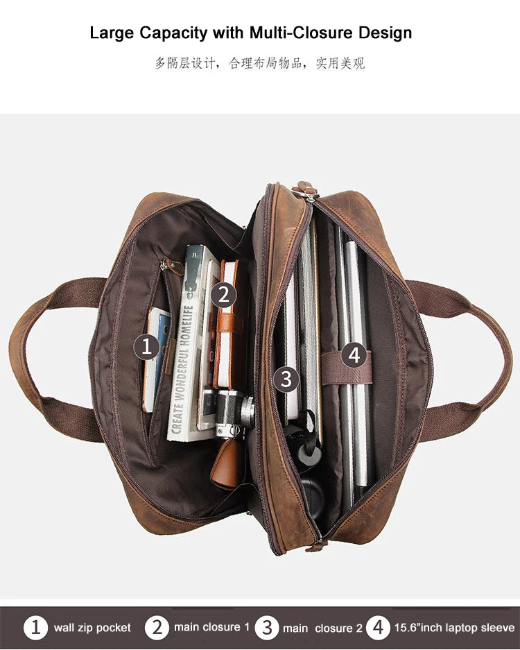 Pasta de couro genuíno de alta qualidade para homens, bolsa de negócios, couro crazy horse, grande, 17 polegadas, bolsa para laptop, porta-pasta masculina, estojo de escritório