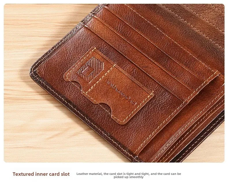 Carteira masculina de couro genuíno com bloqueio rfid, carteira com três dobras, vintage, fina, curta, multifuncional, id, cartão de crédito, bolsa masculina, dinheiro