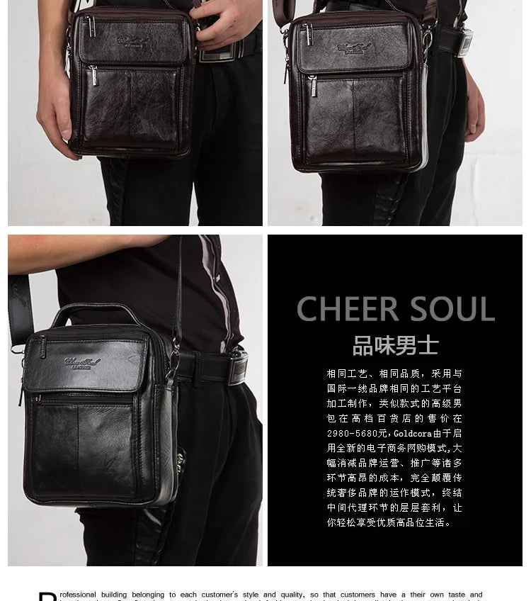 Bolsa Transversal Masculina de Couro Genuíno para Negócios, Pasta Casual de Couro Bovino, Bolsa de Mão Masculina com Alça Superior
