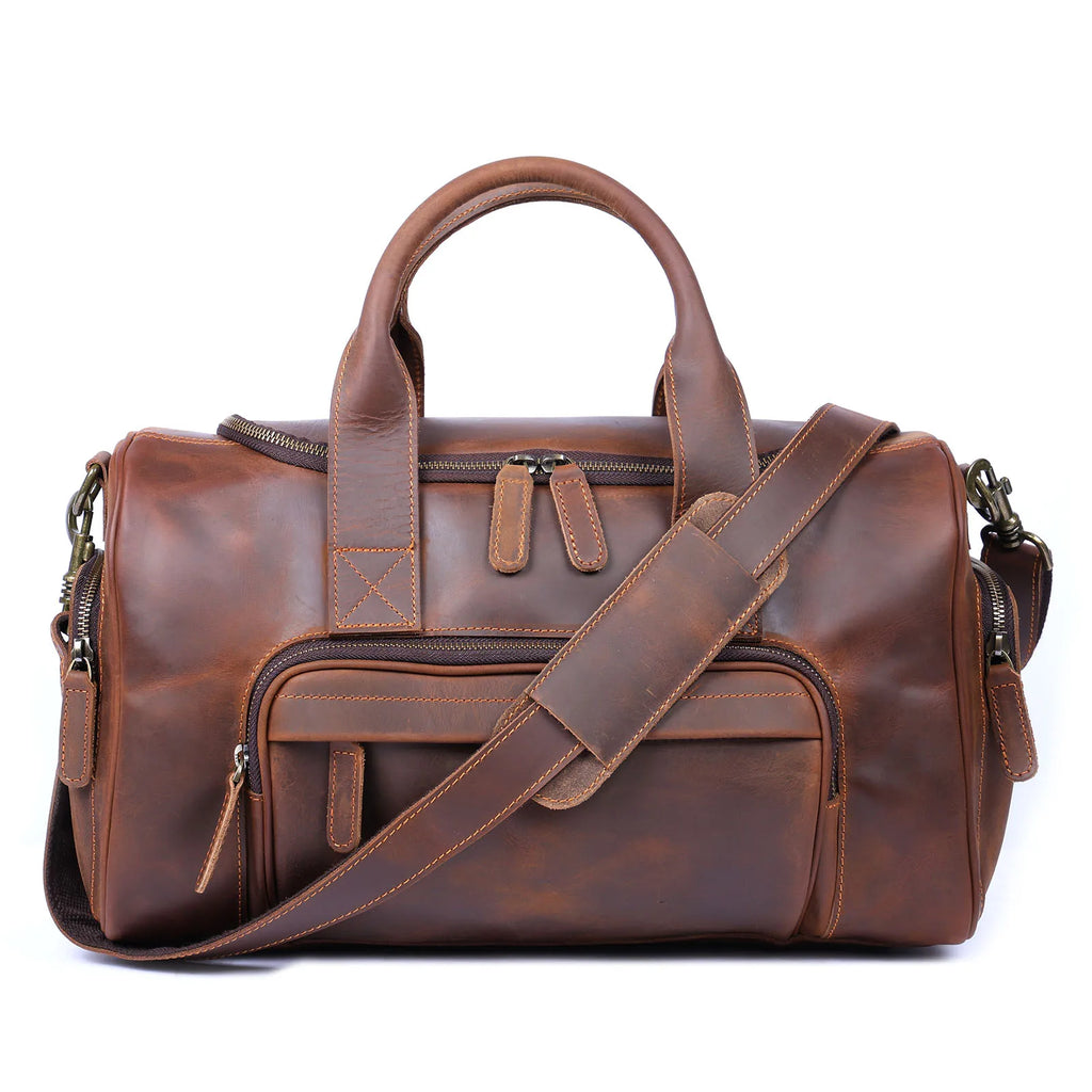 S.WORKER Bolsa de viagem vintage de couro genuíno Crazy Horse Bolsa de lona de couro masculina Bolsa de fim de semana Bolsa de ginástica Bagagem de mão