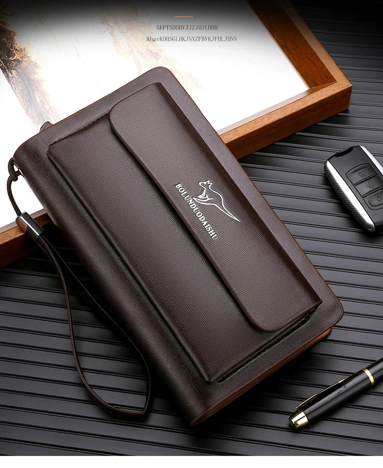 Kangaroo marca masculina bolsa de embreagem moda couro longo bolsa duplo zíper carteira negócios preto marrom masculino casual acessível saco