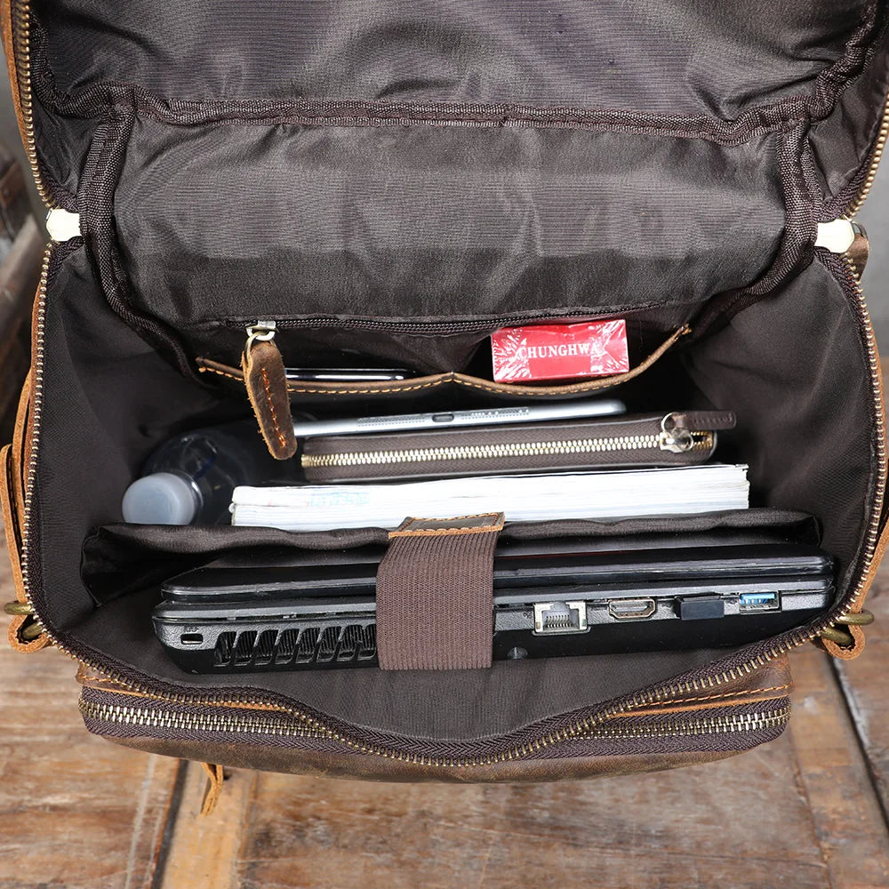 Mochila de couro genuíno vintage, Laptop Bag, Crazy Horse School Bag, Bolsa de ombro Weekender viagem ao ar livre