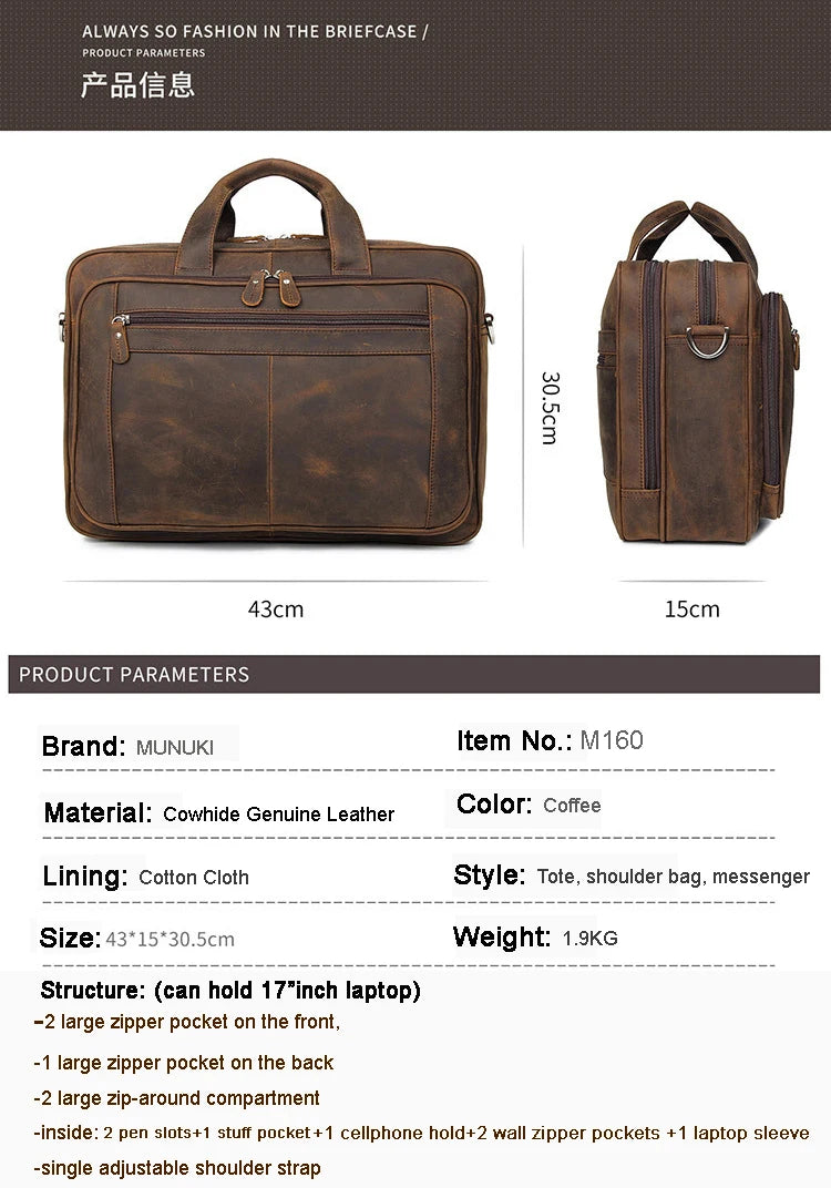 Pasta de couro genuíno de alta qualidade para homens, bolsa de negócios, couro crazy horse, grande, 17 polegadas, bolsa para laptop, porta-pasta masculina, estojo de escritório