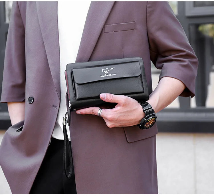 Kangaroo marca masculina bolsa de embreagem moda couro longo bolsa duplo zíper carteira negócios preto marrom masculino casual acessível saco