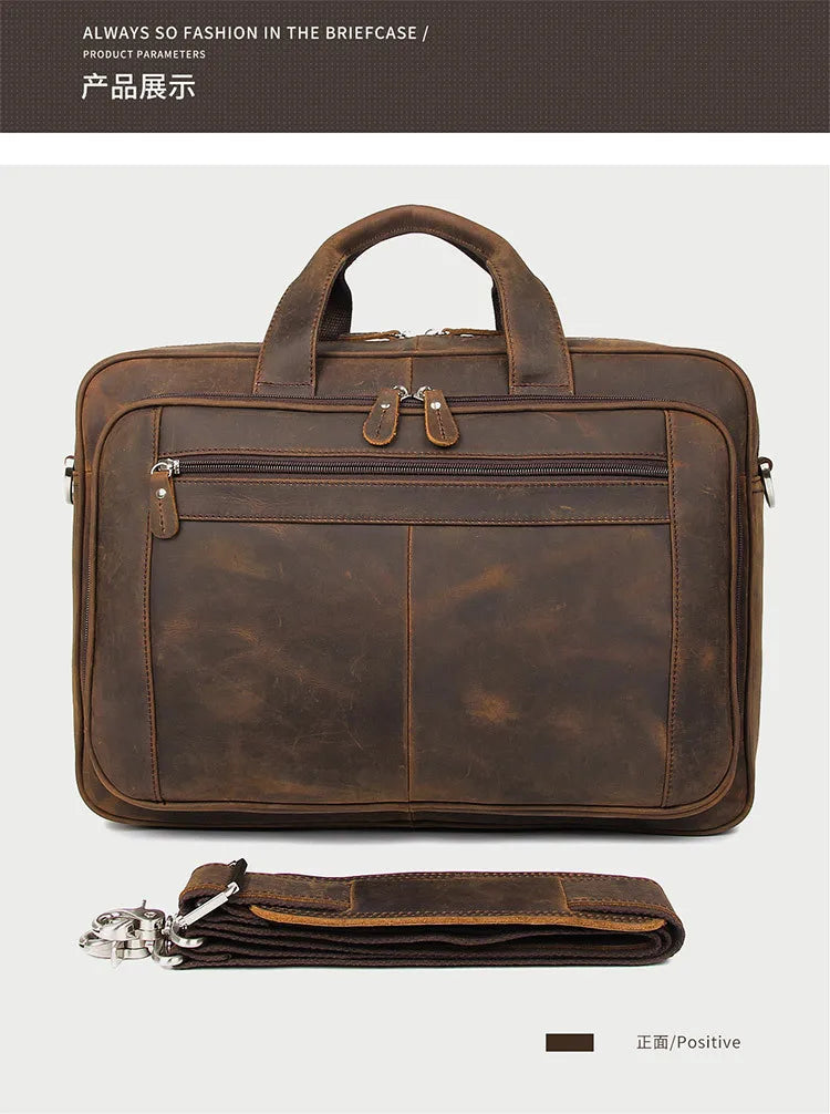 Pasta de couro genuíno de alta qualidade para homens, bolsa de negócios, couro crazy horse, grande, 17 polegadas, bolsa para laptop, porta-pasta masculina, estojo de escritório