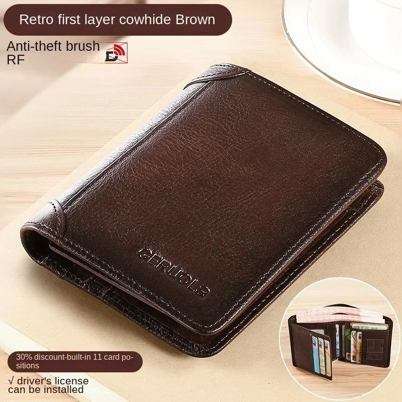 Carteira masculina de couro genuíno com bloqueio rfid, carteira com três dobras, vintage, fina, curta, multifuncional, id, cartão de crédito, bolsa masculina, dinheiro