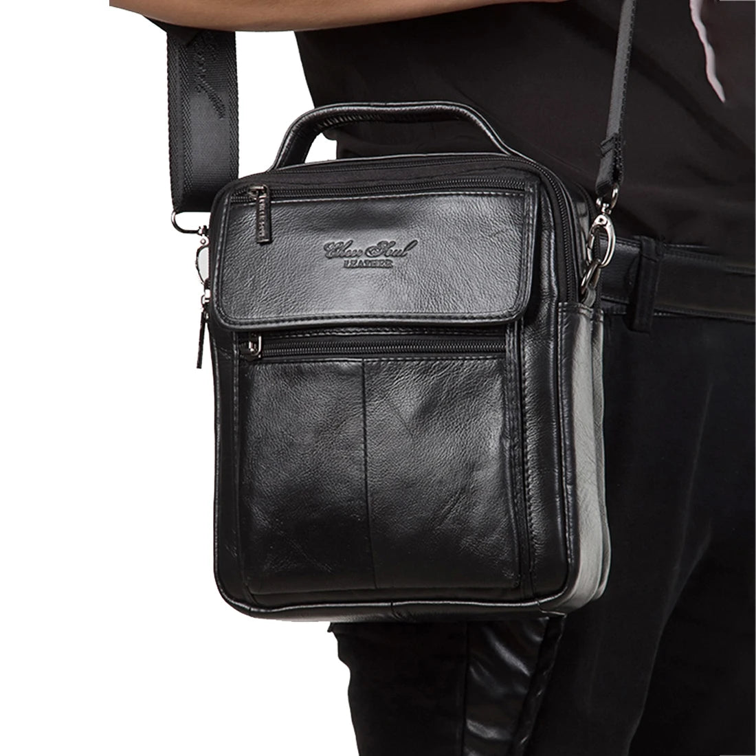 Bolsa Transversal Masculina de Couro Genuíno para Negócios, Pasta Casual de Couro Bovino, Bolsa de Mão Masculina com Alça Superior