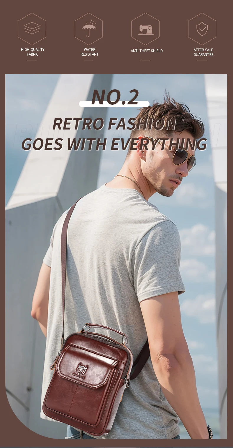 BULLCAPTAIN-Bolsa De Ombro De Couro Genuíno Para Homens, Bolsa Multifuncional Tablet, Bolsa Crossbody Casual, Couro De Vaca Retro, 7.9"