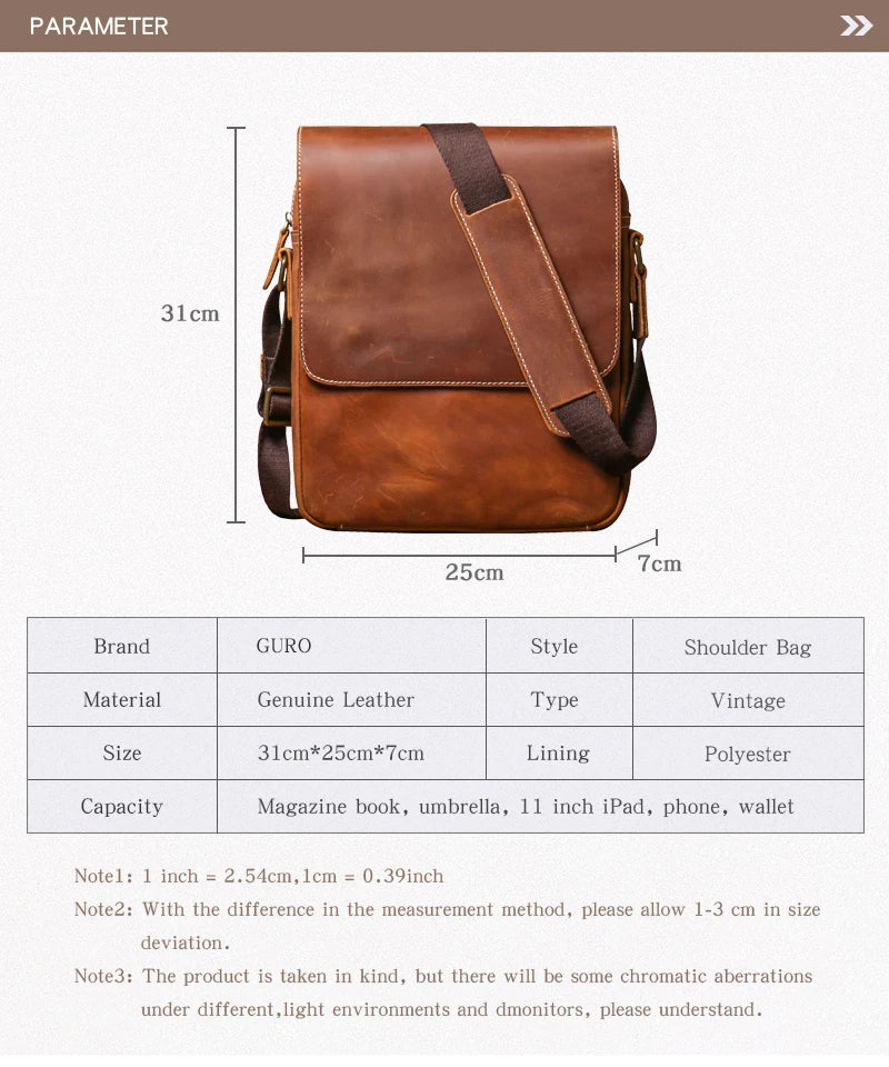Guro bolsa de ombro de couro genuíno dos homens do vintage clássico aleta sacos do mensageiro maior qualidade luxo crossbody para 12 Polegada ipad