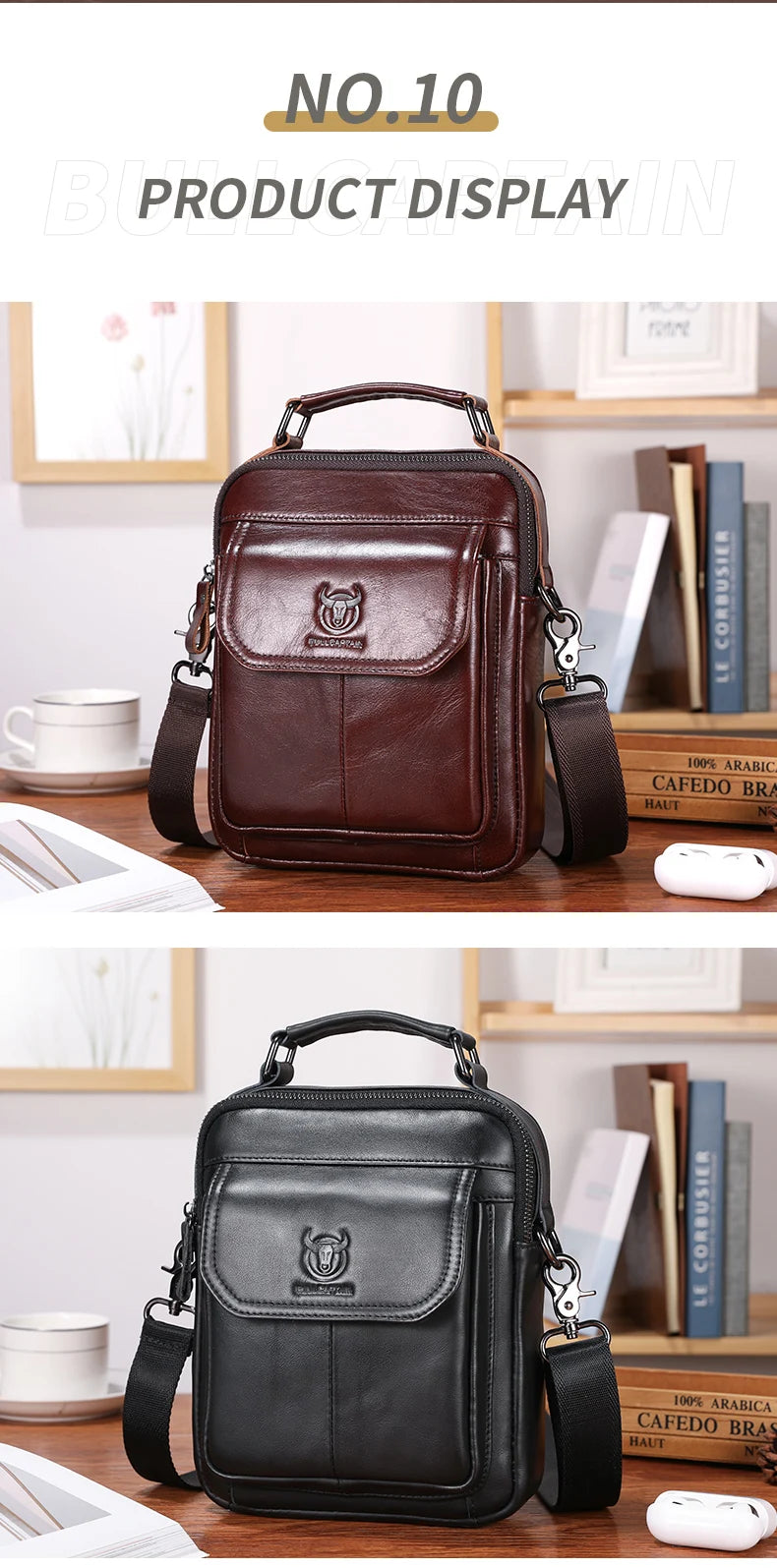BULLCAPTAIN-Bolsa De Ombro De Couro Genuíno Para Homens, Bolsa Multifuncional Tablet, Bolsa Crossbody Casual, Couro De Vaca Retro, 7.9"