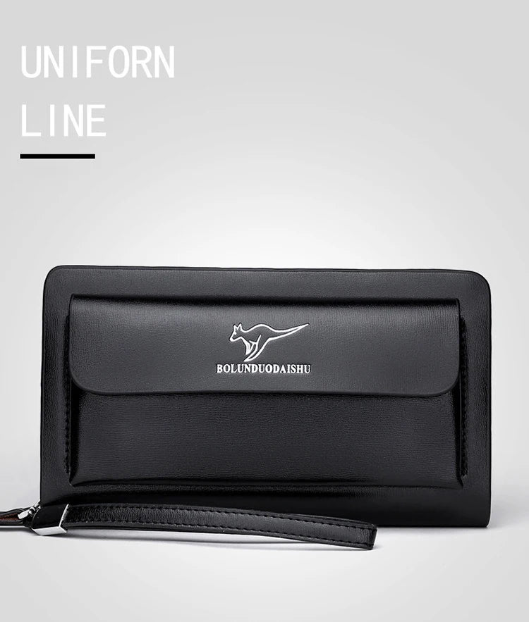 Kangaroo marca masculina bolsa de embreagem moda couro longo bolsa duplo zíper carteira negócios preto marrom masculino casual acessível saco