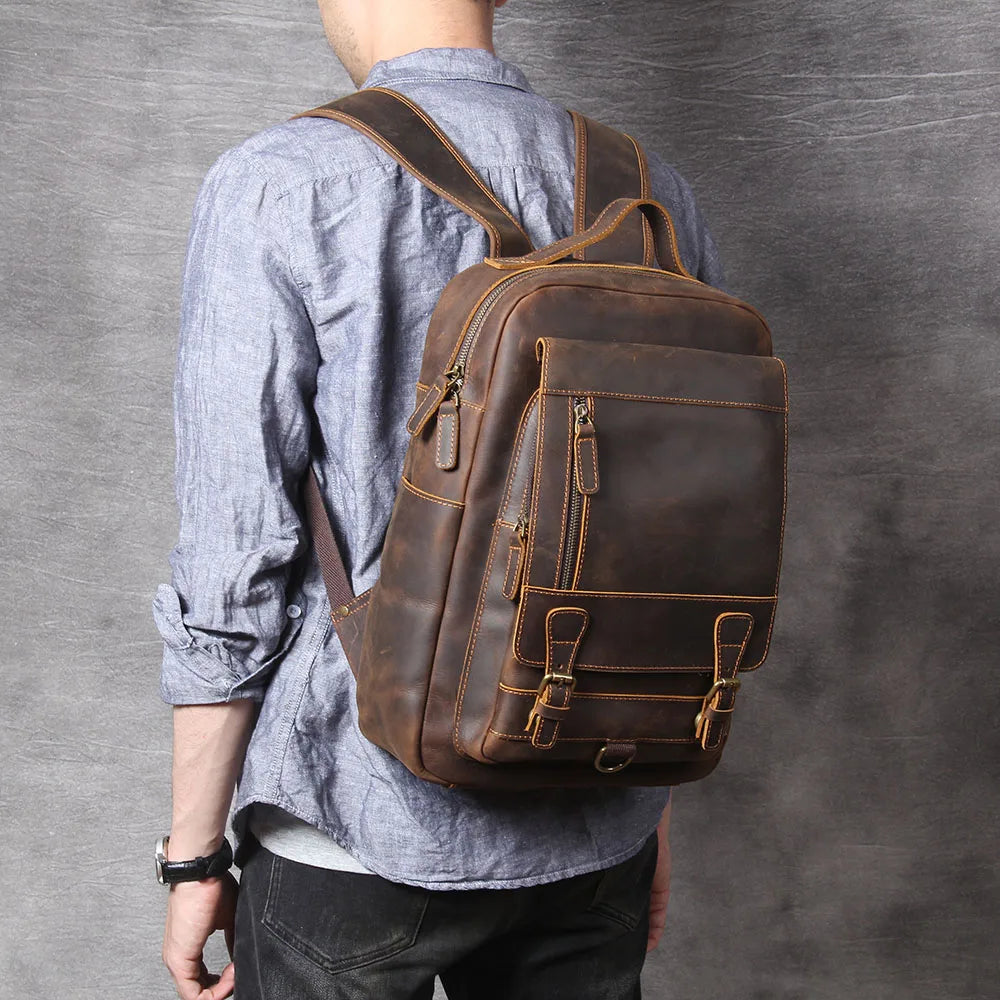 Mochila Vintage de Couro Genuíno S.WORKER, Bolsa para Laptop, Couro Crazy-horse, Mochila Escolar, Bolsa de Viagem para Fim de Semana