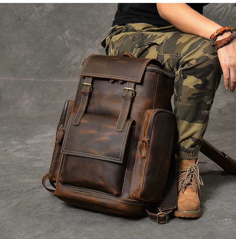 Vintage cavalo louco mochila de couro genuíno dos homens bagpack escalada mochila masculino grande caminhadas mochila m814