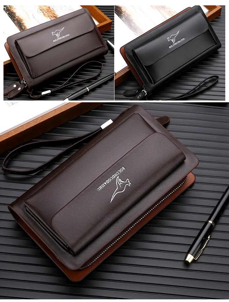 Kangaroo marca masculina bolsa de embreagem moda couro longo bolsa duplo zíper carteira negócios preto marrom masculino casual acessível saco