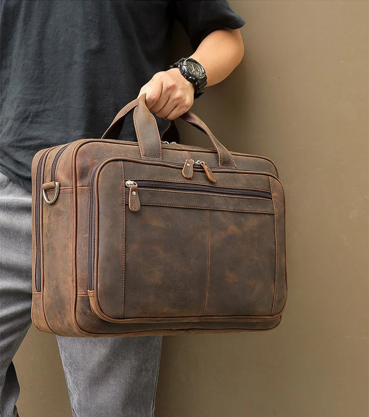 Pasta de couro genuíno de alta qualidade para homens, bolsa de negócios, couro crazy horse, grande, 17 polegadas, bolsa para laptop, porta-pasta masculina, estojo de escritório