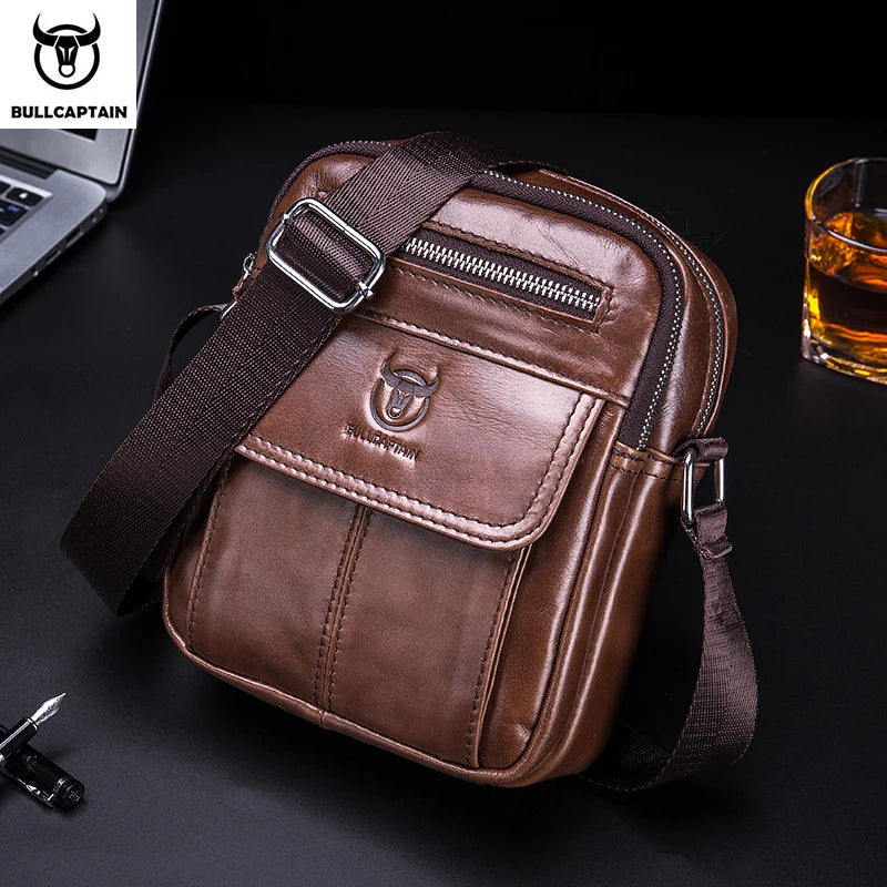 Bullcaptain bolsa de ombro masculina casual, bolsa mensageiro de negócios de alta qualidade, bolsa de couro de vaca masculina, mini bolso de grande capacidade