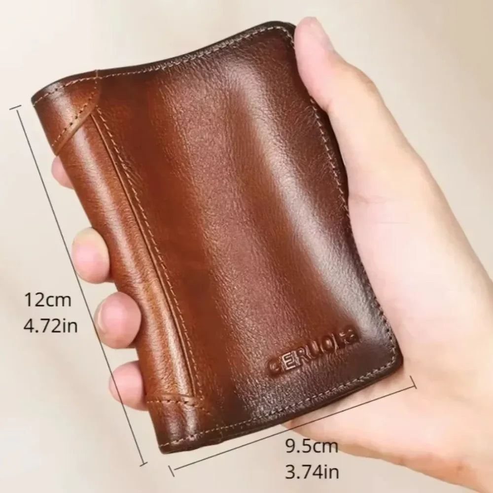 Carteira masculina de couro genuíno com bloqueio rfid, carteira com três dobras, vintage, fina, curta, multifuncional, id, cartão de crédito, bolsa masculina, dinheiro