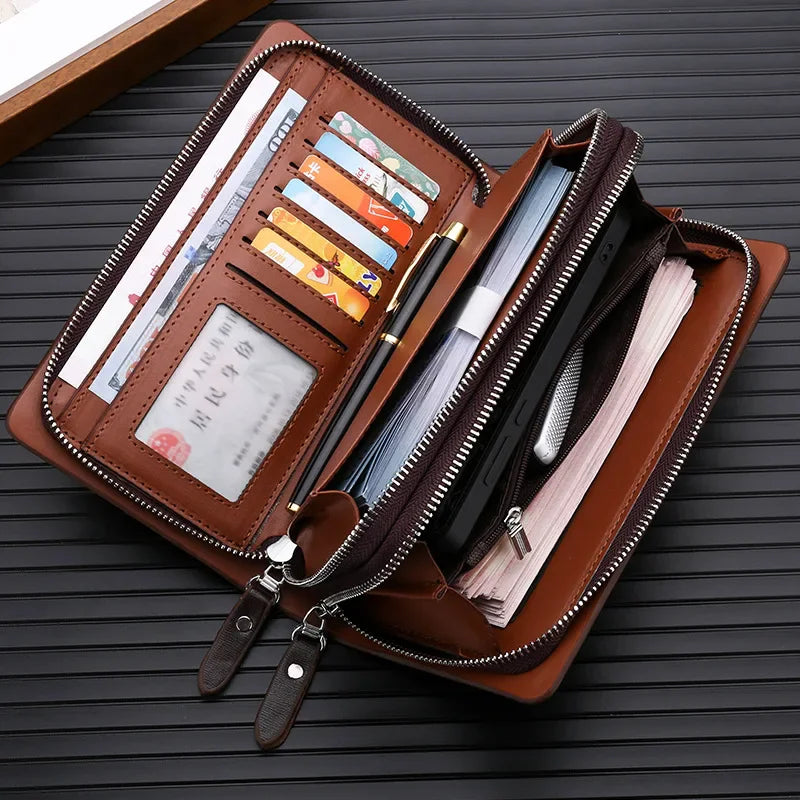 Kangaroo marca masculina bolsa de embreagem moda couro longo bolsa duplo zíper carteira negócios preto marrom masculino casual acessível saco