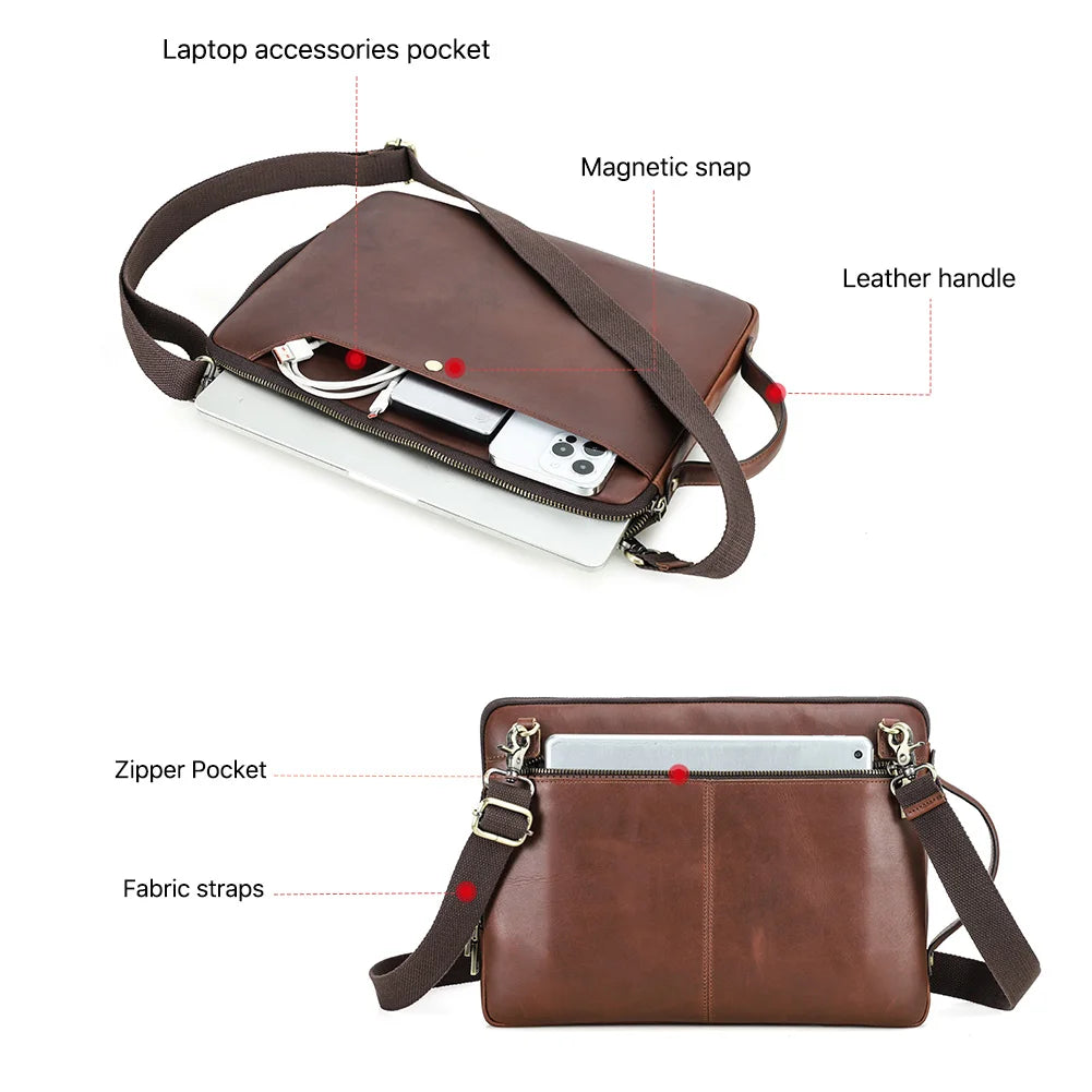 Bolsa de couro genuíno para laptop, bolsa para macbook pro air 14 13, bolsa crossbody, bolsa de negócios com alça de ombro