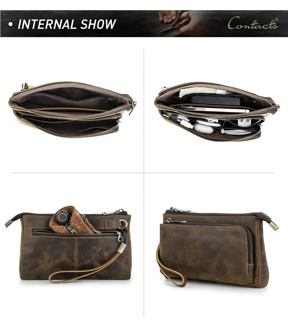 Bolsa de mão masculina de couro genuíno, bolsa de mão para viagem de negócios, grande capacidade, organizador de cabo, bolsa de mão estilo vintage