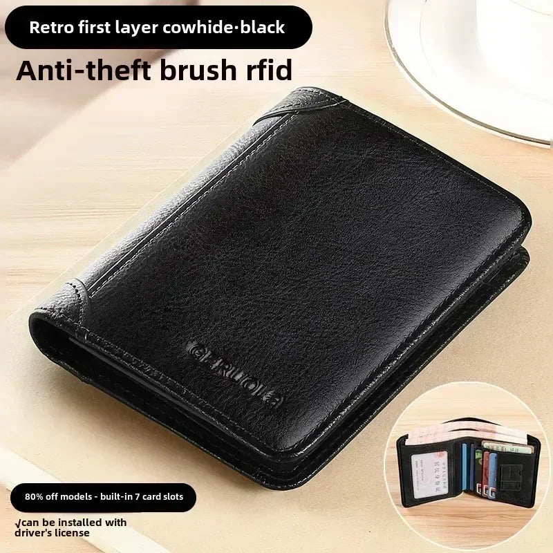 Carteira masculina de couro genuíno com bloqueio rfid, carteira com três dobras, vintage, fina, curta, multifuncional, id, cartão de crédito, bolsa masculina, dinheiro
