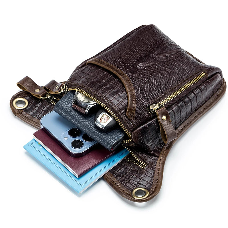 SCHLATUM-Couro Genuíno Motocicleta Fanny, Design Multifunções dos homens, Grão de Crocodilo, Pacote de cinto, Drop Leg Bag