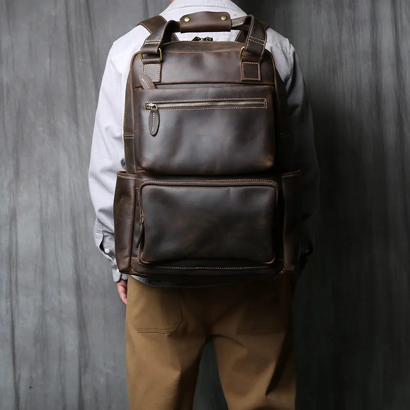 NZPJ-Mochila masculina retrô de couro de camada superior, grande capacidade, bolsa para computador, Crazy Horse, lazer e viagem