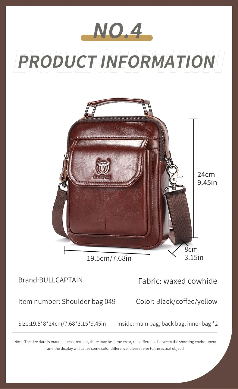 BULLCAPTAIN-Bolsa De Ombro De Couro Genuíno Para Homens, Bolsa Multifuncional Tablet, Bolsa Crossbody Casual, Couro De Vaca Retro, 7.9"