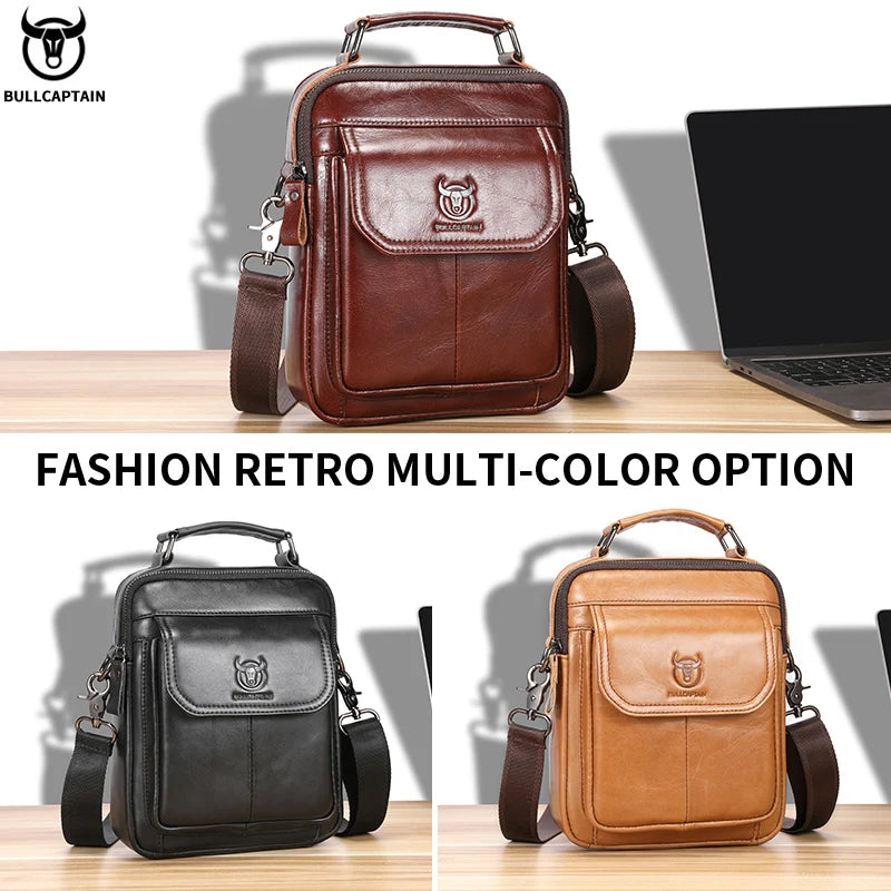 BULLCAPTAIN-Bolsa De Ombro De Couro Genuíno Para Homens, Bolsa Multifuncional Tablet, Bolsa Crossbody Casual, Couro De Vaca Retro, 7.9"
