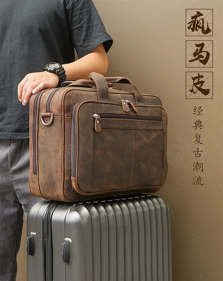 Pasta de couro genuíno de alta qualidade para homens, bolsa de negócios, couro crazy horse, grande, 17 polegadas, bolsa para laptop, porta-pasta masculina, estojo de escritório