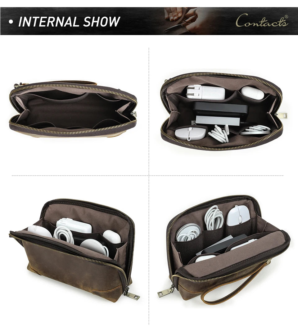 Contact's bolsa de mão de viagem masculina, carteira de couro genuíno, bolsa casual, organizador de cabo de carga, bolsa de armazenamento