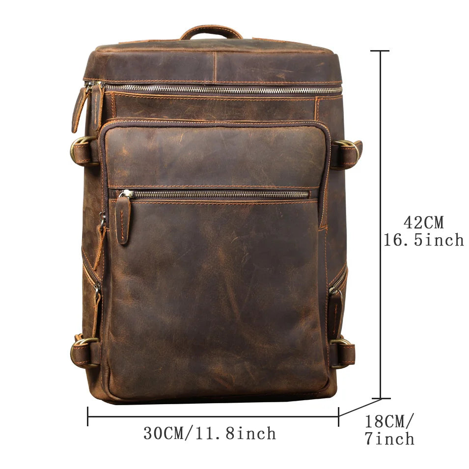 Mochila de couro genuíno vintage, Laptop Bag, Crazy Horse School Bag, Bolsa de ombro Weekender viagem ao ar livre
