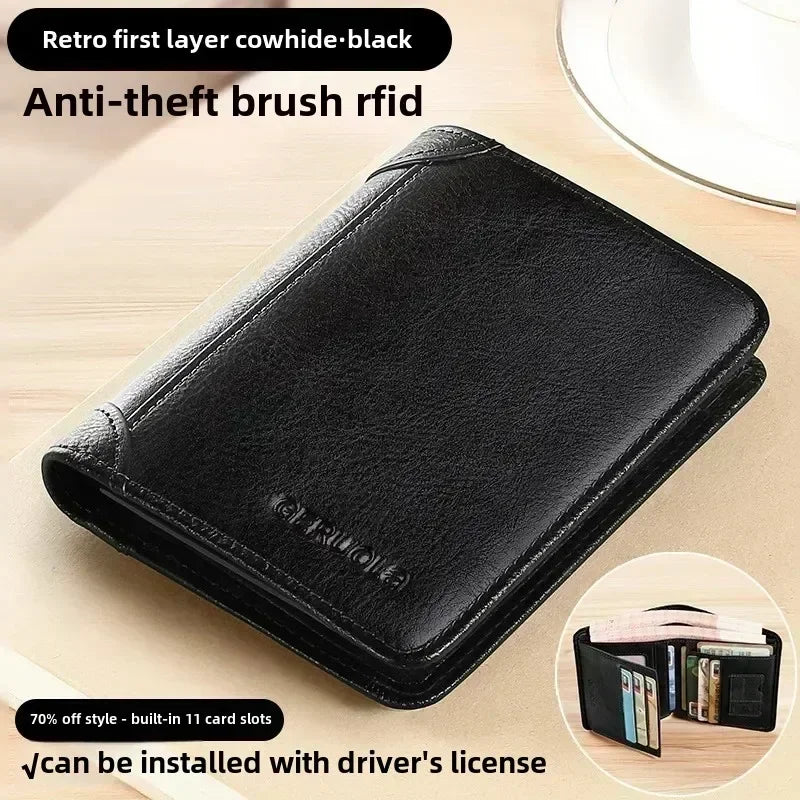 Carteira masculina de couro genuíno com bloqueio rfid, carteira com três dobras, vintage, fina, curta, multifuncional, id, cartão de crédito, bolsa masculina, dinheiro