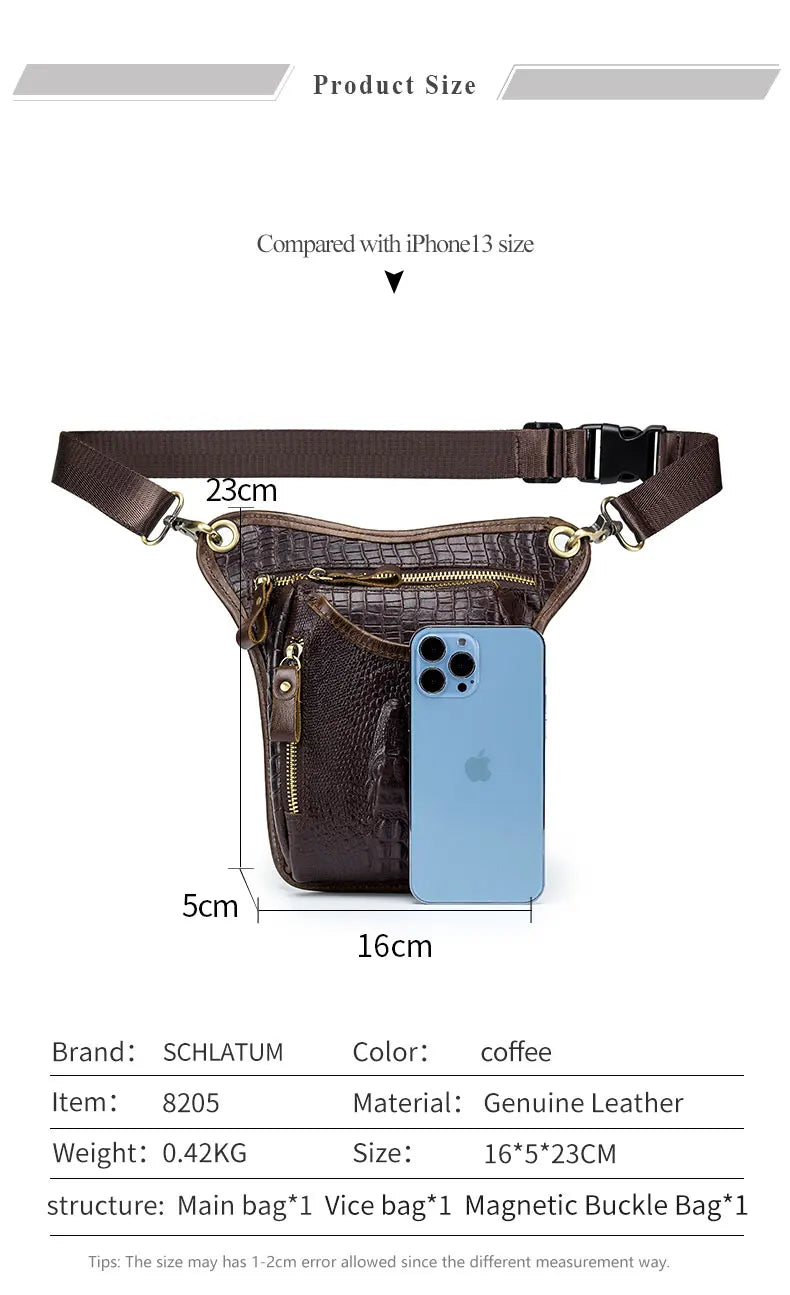 SCHLATUM-Couro Genuíno Motocicleta Fanny, Design Multifunções dos homens, Grão de Crocodilo, Pacote de cinto, Drop Leg Bag