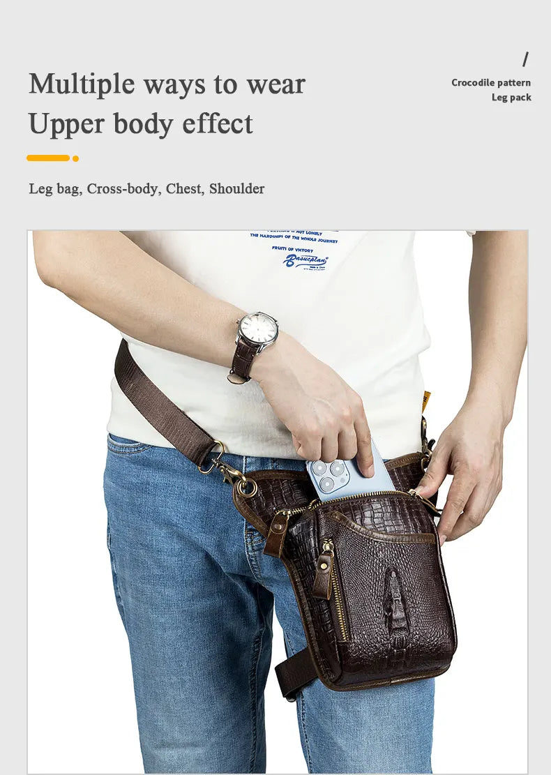 SCHLATUM-Couro Genuíno Motocicleta Fanny, Design Multifunções dos homens, Grão de Crocodilo, Pacote de cinto, Drop Leg Bag