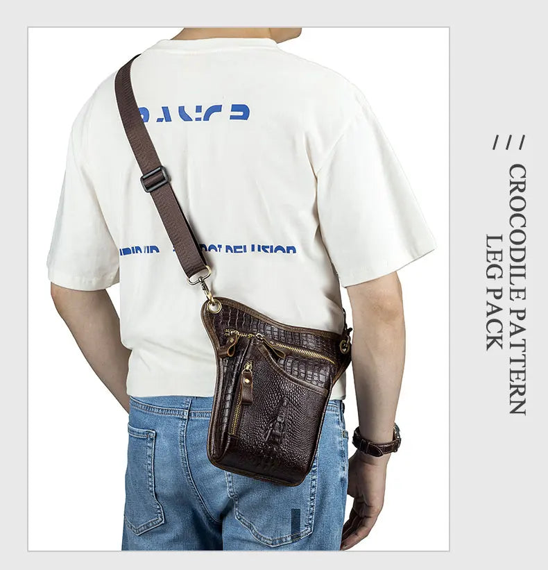 SCHLATUM-Couro Genuíno Motocicleta Fanny, Design Multifunções dos homens, Grão de Crocodilo, Pacote de cinto, Drop Leg Bag