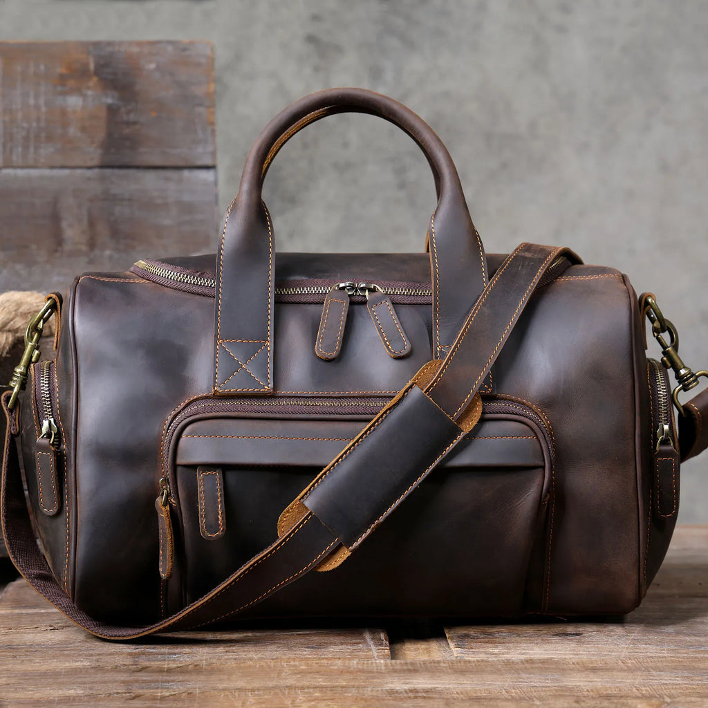 S.WORKER Bolsa de viagem vintage de couro genuíno Crazy Horse Bolsa de lona de couro masculina Bolsa de fim de semana Bolsa de ginástica Bagagem de mão