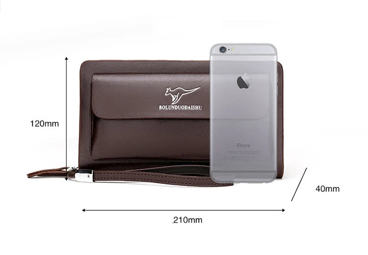 Kangaroo marca masculina bolsa de embreagem moda couro longo bolsa duplo zíper carteira negócios preto marrom masculino casual acessível saco