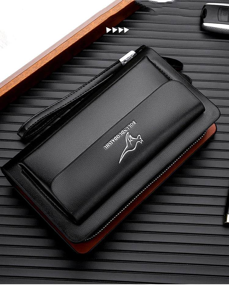 Kangaroo marca masculina bolsa de embreagem moda couro longo bolsa duplo zíper carteira negócios preto marrom masculino casual acessível saco