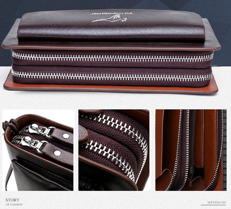 Kangaroo marca masculina bolsa de embreagem moda couro longo bolsa duplo zíper carteira negócios preto marrom masculino casual acessível saco