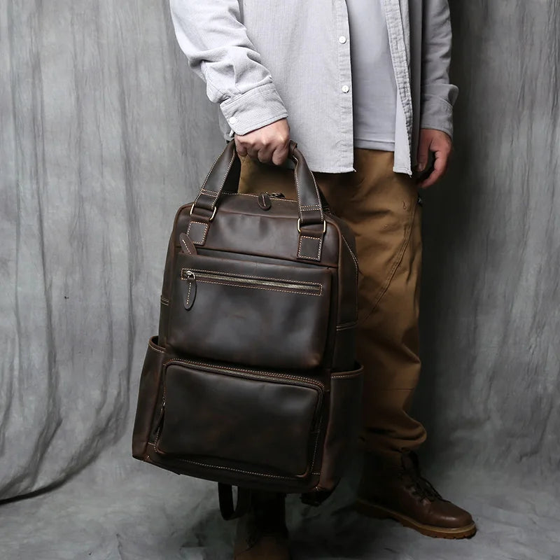 NZPJ-Mochila masculina retrô de couro de camada superior, grande capacidade, bolsa para computador, Crazy Horse, lazer e viagem