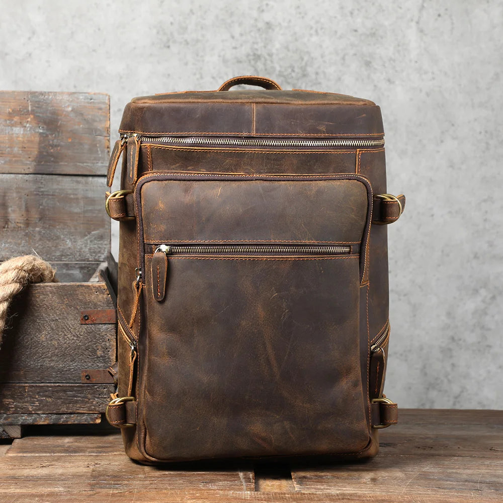 Mochila de couro genuíno vintage, Laptop Bag, Crazy Horse School Bag, Bolsa de ombro Weekender viagem ao ar livre