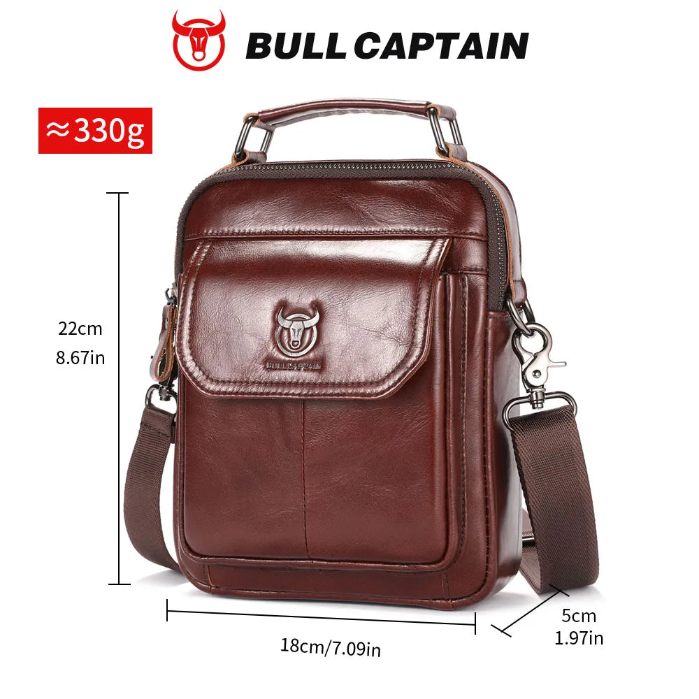 BULLCAPTAIN-Bolsa De Ombro De Couro Genuíno Para Homens, Bolsa Multifuncional Tablet, Bolsa Crossbody Casual, Couro De Vaca Retro, 7.9"