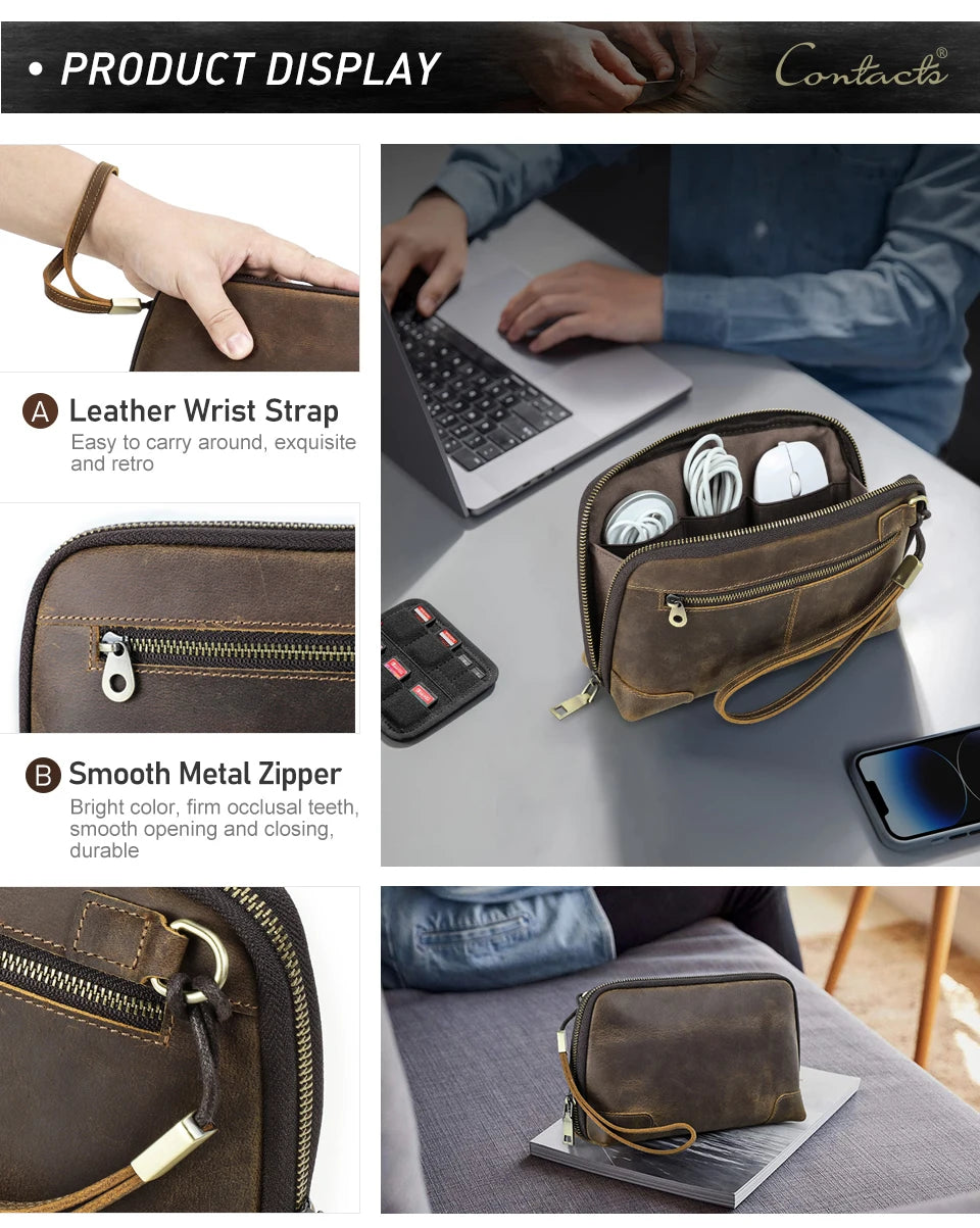 Contact's bolsa de mão de viagem masculina, carteira de couro genuíno, bolsa casual, organizador de cabo de carga, bolsa de armazenamento