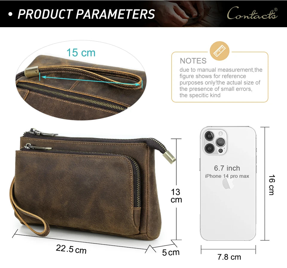 Bolsa de mão masculina de couro genuíno, bolsa de mão para viagem de negócios, grande capacidade, organizador de cabo, bolsa de mão estilo vintage