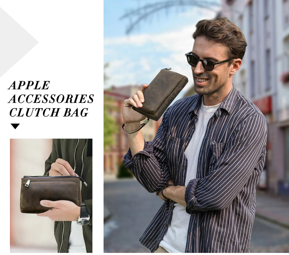 Bolsa de mão masculina de couro genuíno, bolsa de mão para viagem de negócios, grande capacidade, organizador de cabo, bolsa de mão estilo vintage