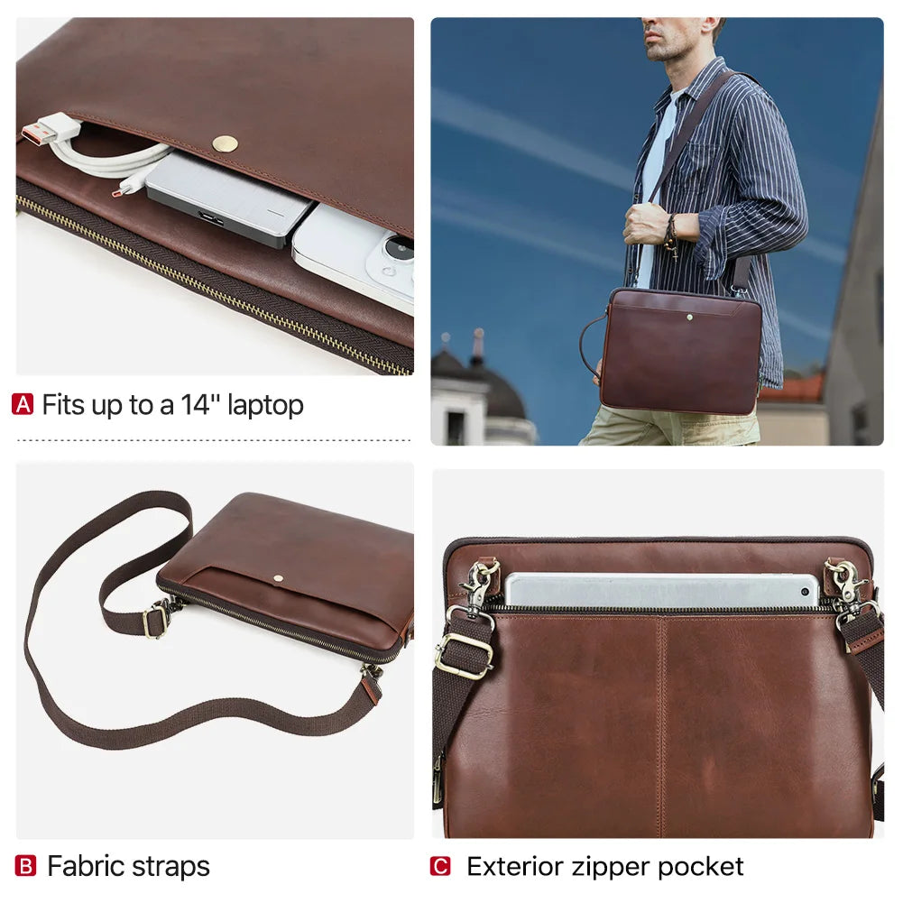 Bolsa de couro genuíno para laptop, bolsa para macbook pro air 14 13, bolsa crossbody, bolsa de negócios com alça de ombro